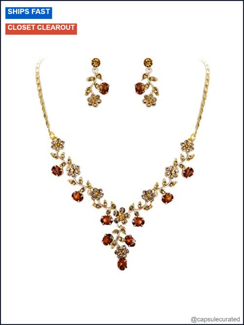Crystal Flower Leaf Pendant Necklace Earrings Set Wedding Bridal Jewelry Set